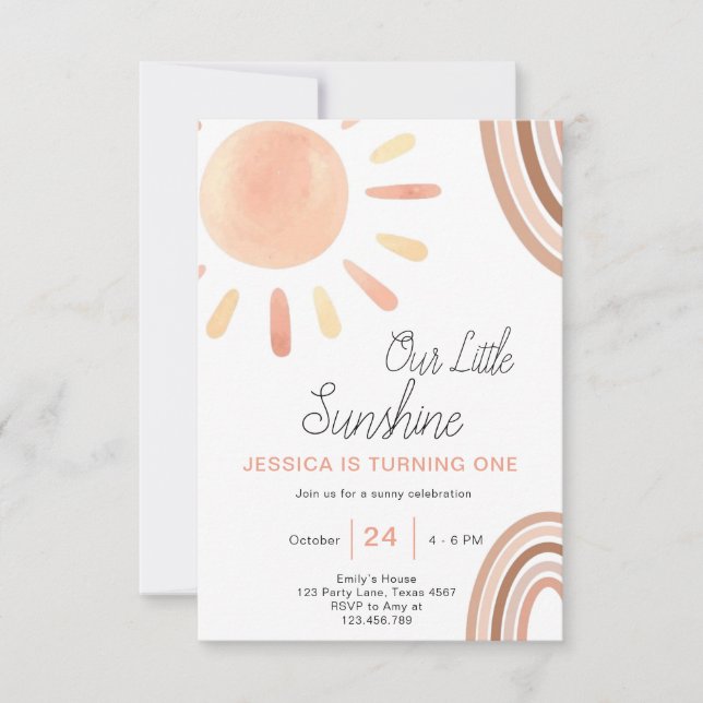 Boho Little Sunshine 1:a födelsedagsinbjudan Sol Inbjudningar (Framsida)
