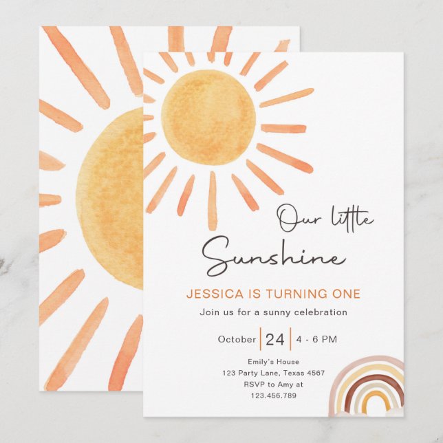 Boho Little Sunshine 1:a födelsedagsinbjudan Sol Inbjudningar (Fram/baksida)