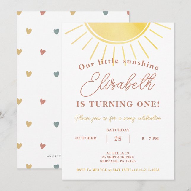 Boho Little Sunshine Watercolor Birthday Inbjudningar (Fram/baksida)