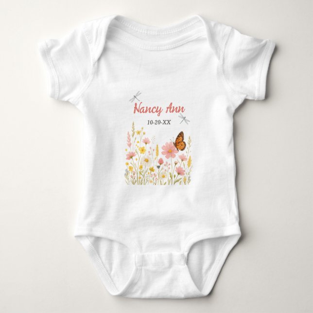Boho Little Wildblomma Anpassningsbar Baby Namn T Shirt (Framsida)