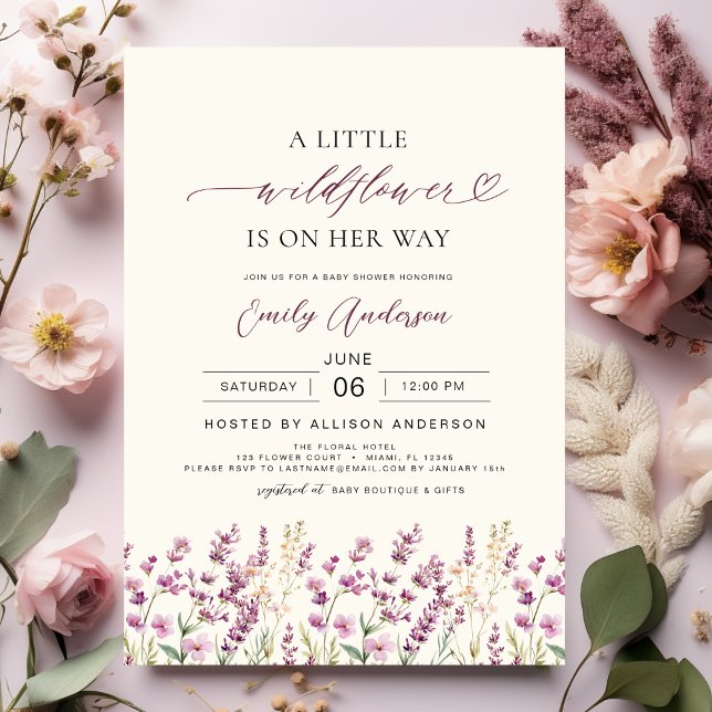 Boho Little Wildblomme Lila Lavender Baby Shower Inbjudningar (Skapare uppladdad)