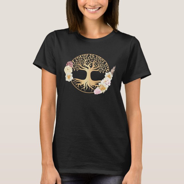 Boho Livets Träd Med Blommor Blommig Keltisk Ande T Shirt (Framsida)