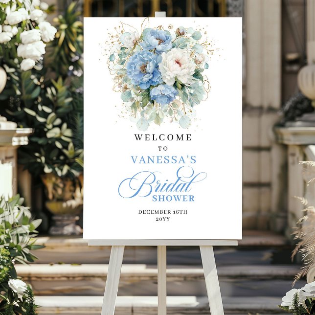 Boho Ljusblå Blommig Bröllopsdusch Välkommen Poster (Boho Light Blue Floral Bridal Shower Welcome)