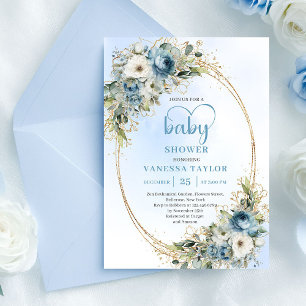 Boho Ljusblå Blommig Grönska Bebis Shower Inbjudan