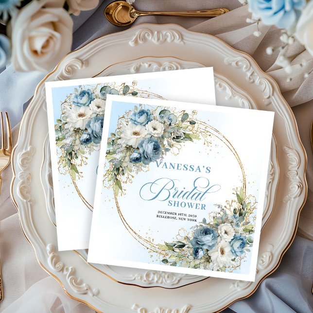 Boho Ljusblå Blommig Grönska Guld Servetter (Boho Light Blue Floral Greenery Gold Napkins)