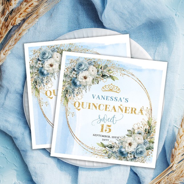 Boho Ljusblå Blommig Guld Glitter Quinceañera  Pappersservett (Boho Light Blue Floral Gold Glitter Quinceañera Napkins )