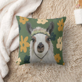 Boho Llama Grönt Retro Flowers Kudde