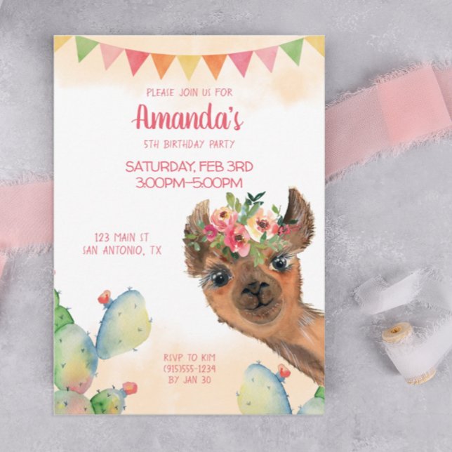 Boho Llama Inbjudningar (A boho llama birthday party invitation)