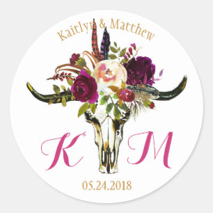 Boho Longhorn Skull Blommigt Modern Bröllop-etiket Runt Klistermärke