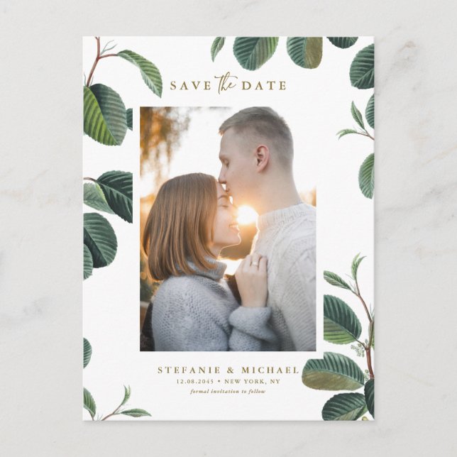 Boho Löv Botanical White Photo Save Date Meddelande Vykort (Framsida)
