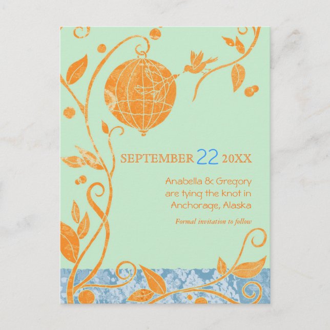 Boho Love birds Mint Bröllop spara datum Meddelande Vykort (Framsida)