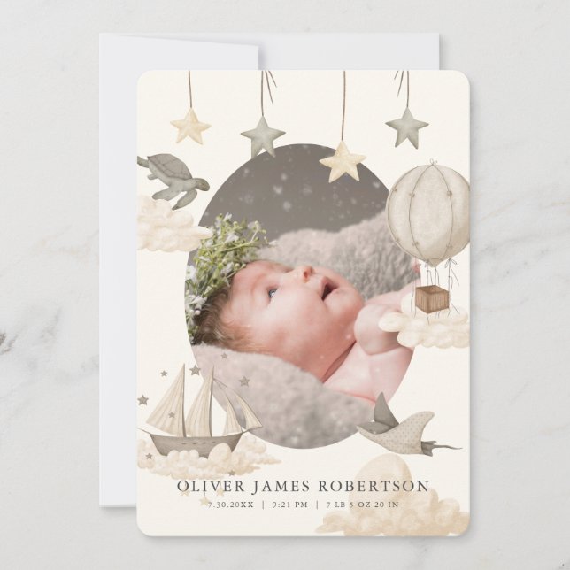 Boho Luftballong Himlar Birth Notification Inbjudningar (Framsida)