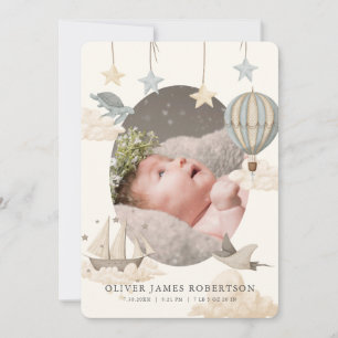 Boho Luftballong Himlar Boy Birth Notice Inbjudningar