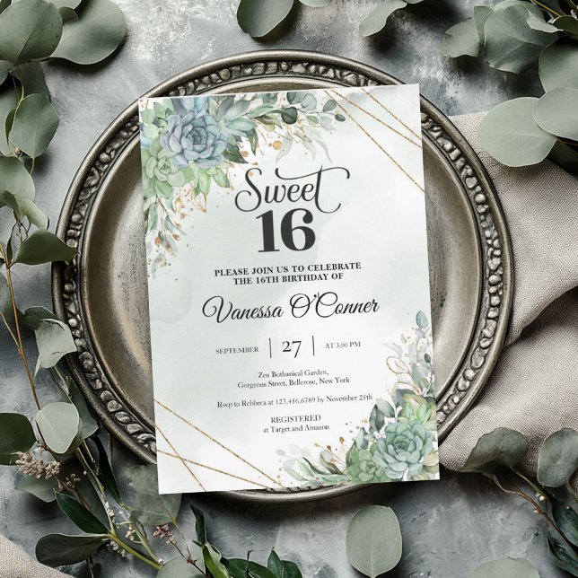 Boho lush succulations blommor eucalyptus guld ram inbjudningar (Boho lush succulents flowers eucalyptus gold frame invitation)