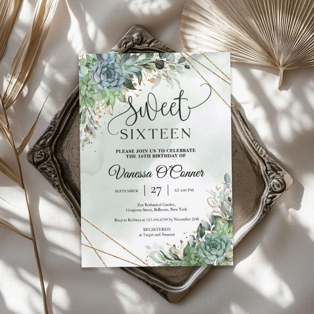Boho lush succulations blommor eucalyptus guld ram inbjudningar (Boho lush succulents flowers eucalyptus gold frame invitation)