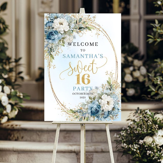 Boho Lyx Ljusblå Blommig Guld Sweet 16 Skylt (Luxury Light Blue Floral Sweet 16 Sign)