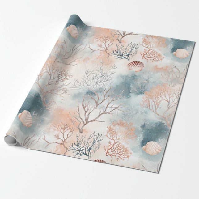 Boho Lyx Vattenfärg Kustkorallmönster (4) Presentpapper (Utrullad)
