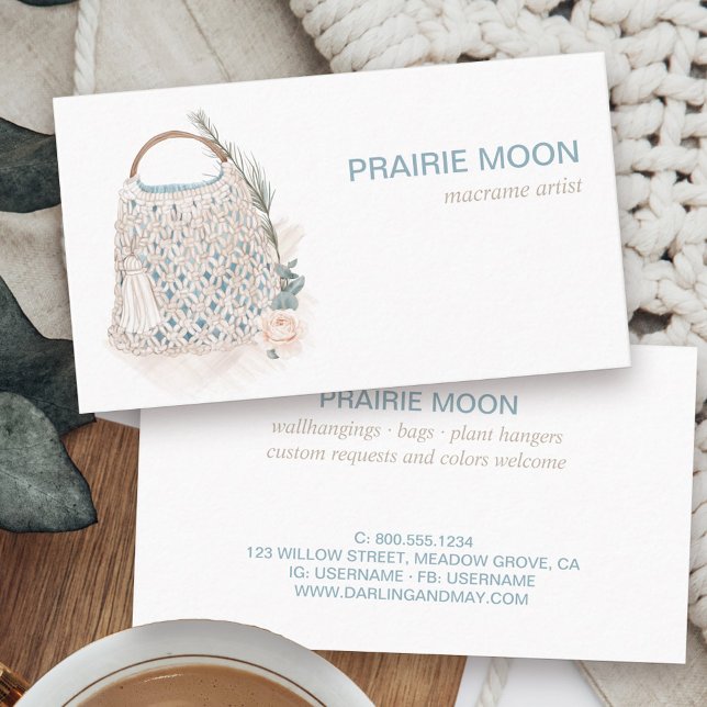 Boho Macrame Akvarellväska Visitkort (Boutique business card with boho feminine macrame crochet bag in neutral color story)
