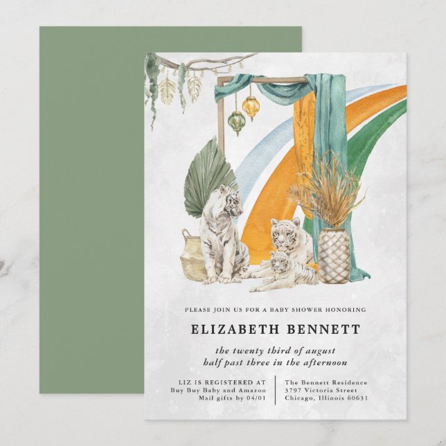 Boho Macrame Tiger Greenery | Babyskor Inbjudningar (Fram/baksida)