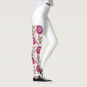 Boho Magenta Blommig Vin Rankor Kant Klassisk Vit Leggings