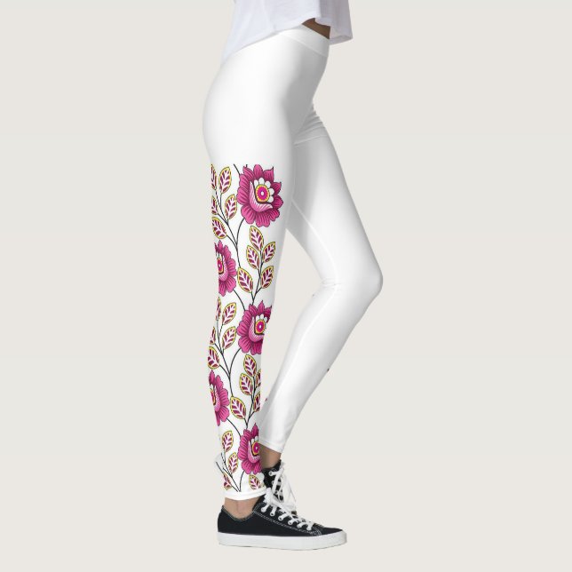 Boho Magenta Blommig Vin Rankor Kant Klassisk Vit Leggings (Höger)