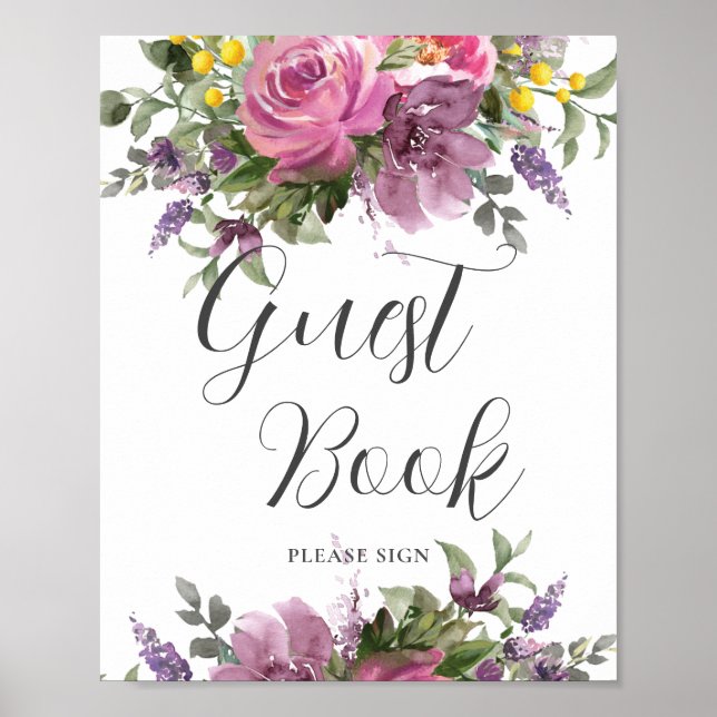Boho Magenta Rosa Lila Blommigt Bröllop Guest Bok Poster (Framsidan)