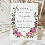 Boho Magenta Rosa Lila Gult Blommigt Bröllop Spara Datumet<br><div class="desc">Den här eleganten boho bröllop spara datum har en vacker magenta med vattenfärg, rosa peony ro, lila lavenders, mauve och gula blommor och en rustisk grön andedräkt. Detta pulserande bröllop spara datum är perfekt för sommaren och vår bröllop. Anpassa den enkelt och snabbt med dina detaljer genom att helt enkelt...</div>