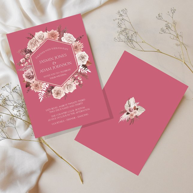 Boho Magenta Rosa Torkade Blommor Krans Bröllop Inbjudningar (Boho Magenta Pink Dried Flowers Wreath Wedding Invitation)