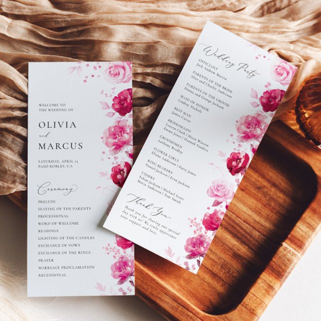 Boho Magenta Shock rosa Blommigt Elegant bröllop Program (Skapare uppladdad)
