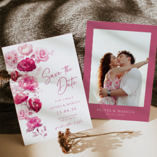 Boho Magenta Shock rosa Blommigt Ro Bröllop Photo Spara Datumet