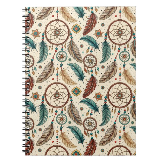 Boho Magic Drömfångare Färgglatt Fjädermönster Anteckningsbok (Framsidan)