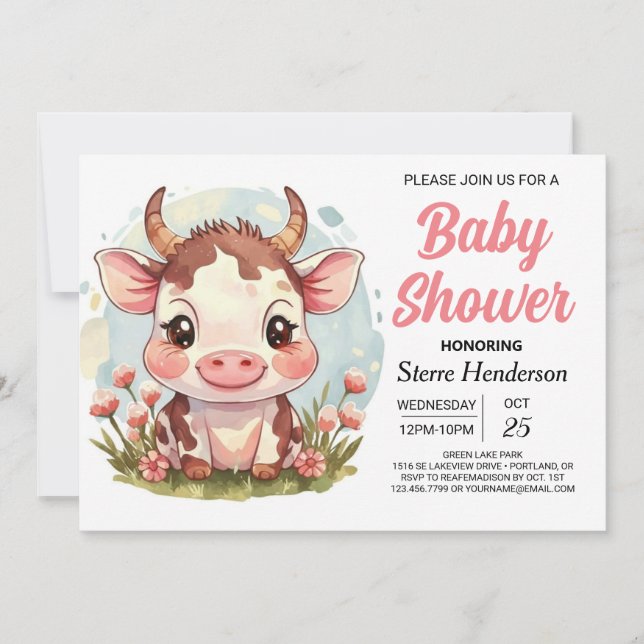 Boho Magic Watercolor Cow Baby Shower Inbjudningar (Framsida)