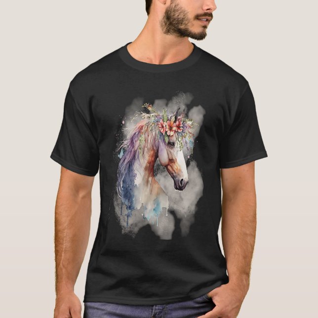 Boho Magical Horse with Flowers Lavender Pink T Shirt (Framsida)