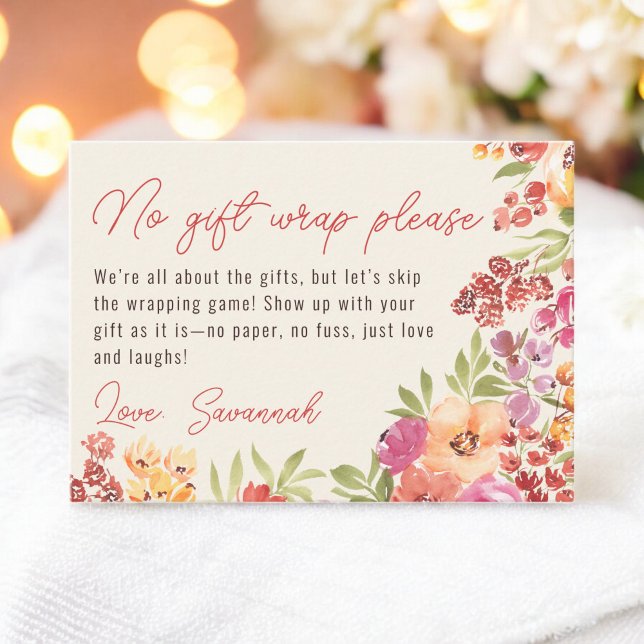 Boho målade Blommigt Ingen Möhippa för giftigt rad Tilläggskort (Boho Painted Floral No Gift Wrap Bridal Shower Enclosure Card)