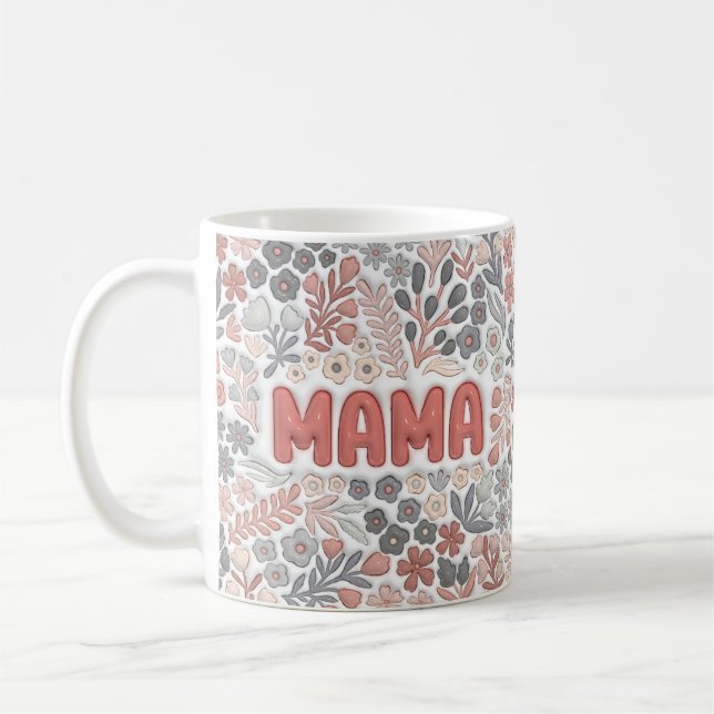 Boho Mama Grå Rosa Blommönster 3D-Effekt Mönster Kaffemugg (Vänster)