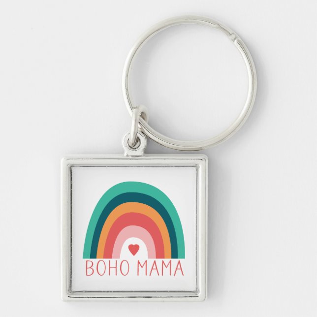 Boho Mama Regnbåge Moderna Färgglada Trendy  Fyrkantig Silverfärgad Nyckelring (Framsidan)