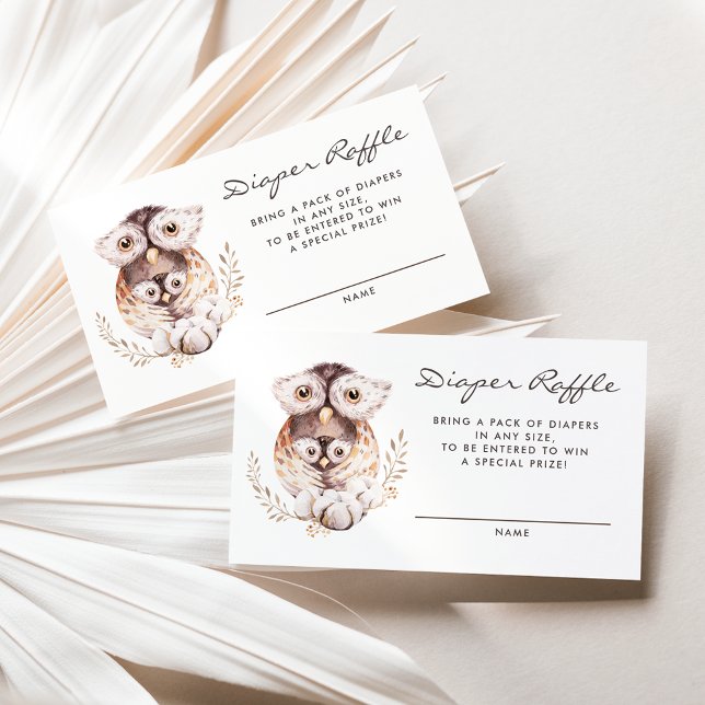Boho Mamma och Baby Uggla, kort för dykning av raf (Woodland theme baby shower diaper raffle card featuring watercolor mommy and baby owl.)