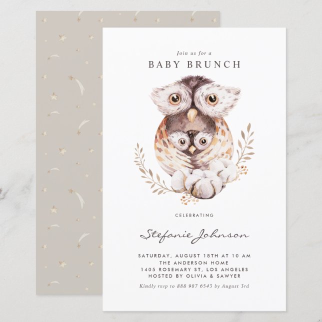 Boho Mamma och Baby Ugglan Baby Brunch Inbjudan (Fram/baksida)