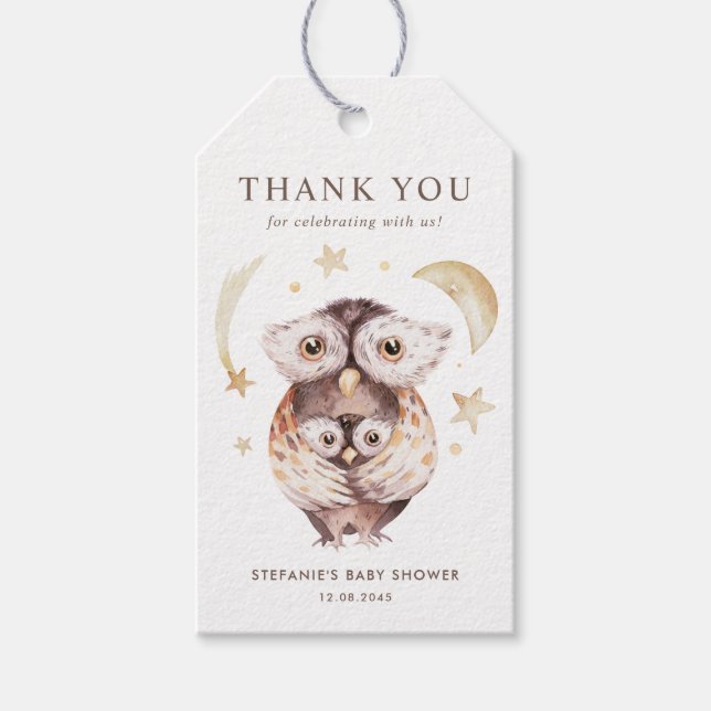 Boho Mamma och Ugglor Baby Shower Tack Presentetikett (Framsidan)