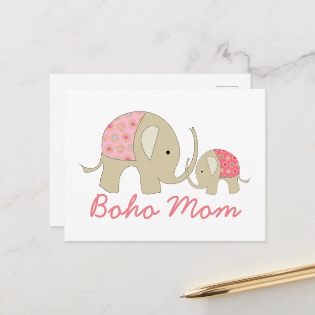 Boho Mamma, Rosa Elephant Vykort (Fram/Back In Situ)