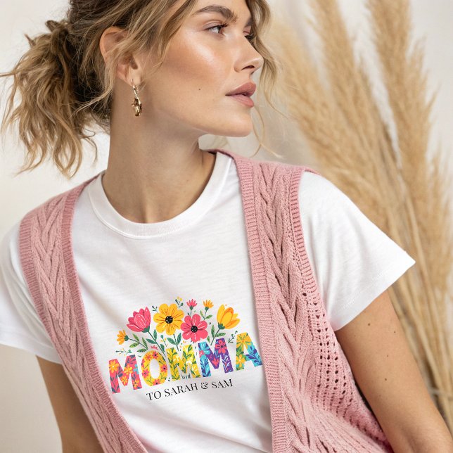 Boho Mamma Text med blommor och Kid Namn T Shirt (Skapare uppladdad)
