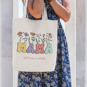 Boho Mamma Text med blommor och Kid Namn Tygkasse