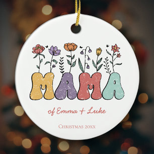 Boho Mamma Text w/Flowers och Kid Namn jul Julgransprydnad Keramik