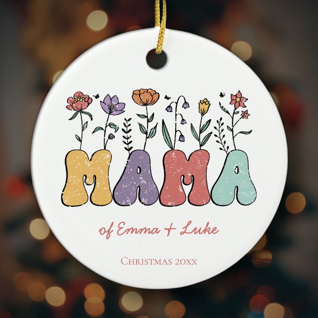 Boho Mamma Text w/Flowers och Kid Namn jul Julgransprydnad Keramik (Give the special mom in your life a personalized Christmas ornament!)