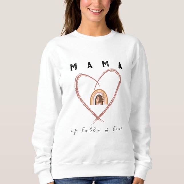 Boho Mamma Text w/ Måne Feathers Kid Namn White T Shirt (Framsida)