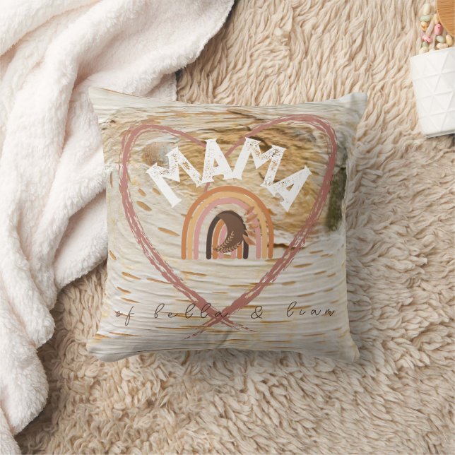 Boho Mamma Text w/ Måne Feathers och Kid Namn Kudde (Filt)