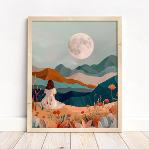 Boho Månbelyst Ökenlandskap Väggkonsttryck Poster