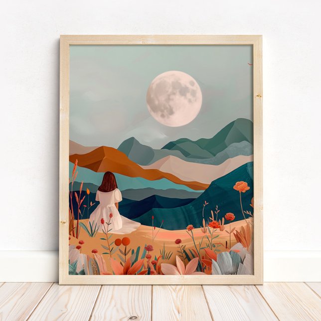 Boho Månbelyst Ökenlandskap Väggkonsttryck Poster (Boho Moonlit Desert Landscape Wall Art Print in a neutral wooden frame on the floor)