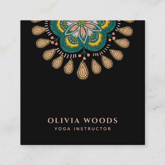 Boho Mandala Blommigt Yoga Instructor Fyrkantigt Visitkort (Framsida)