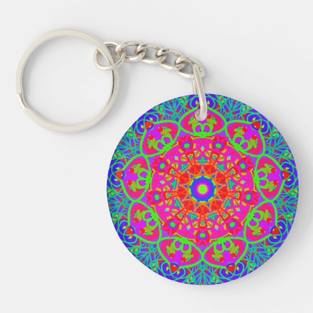 Boho Mandala Blue Rosa Dubbla Sided Keychain (Framsidan)